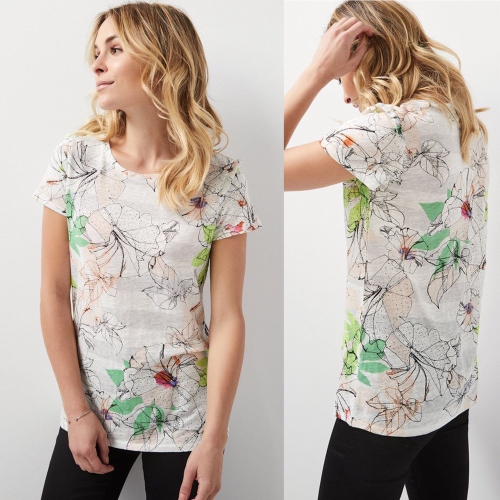 RW & CO Linen Floral Ruffle Shoulder Top Extra Small XS